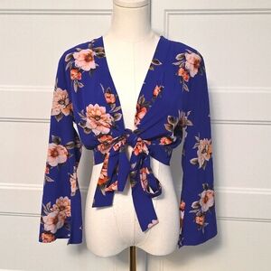 Lulu's Blue 3/4 Sleeve Tie-Front Crop Blouse